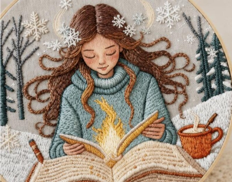Winter girl embroidery kit styled in cozy interior