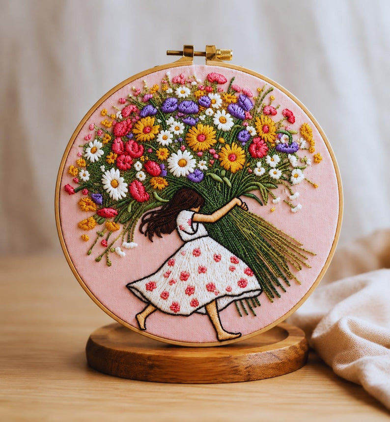 Girl with flowers embroidery kit cottagecore design