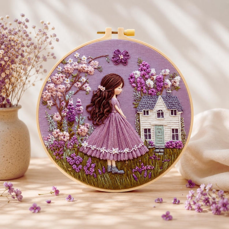 Lavender Cottage Girl embroidery kit finished hoop art