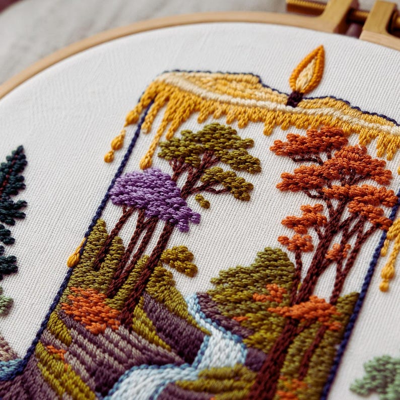 Candle forest embroidery kit close up