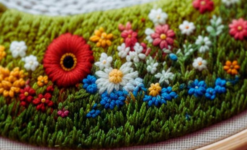 Mountain cottage embroidery kit in progress