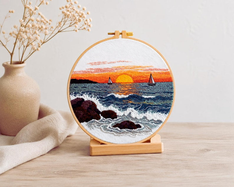 Ocean sunset embroidery kit contents and hoop
