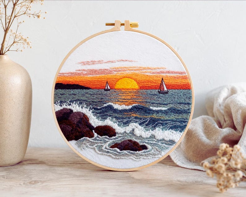 Ocean sunset embroidery kit thread and supplies