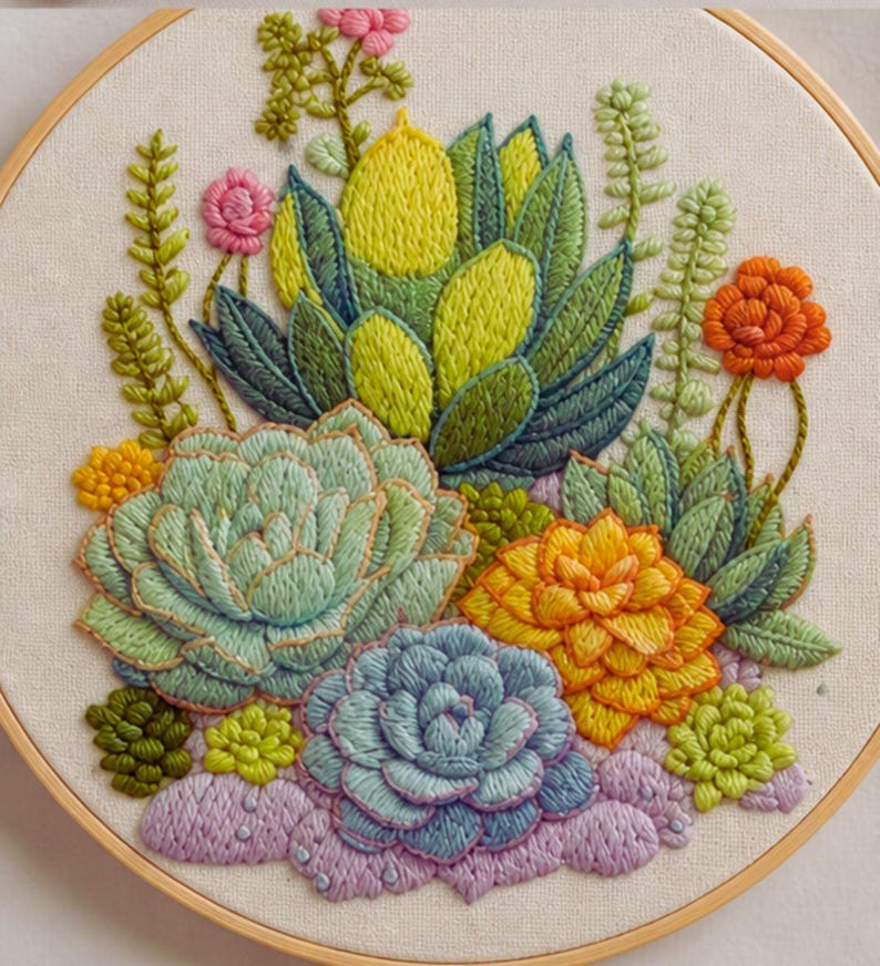 Pastel succulent embroidery kit supplies
