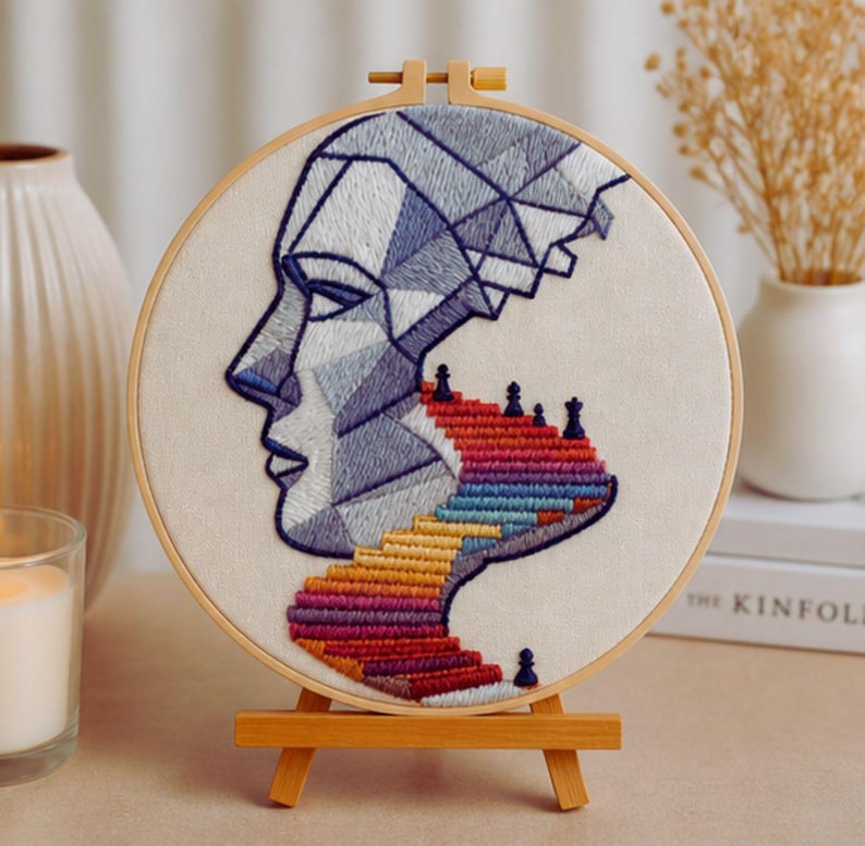 Abstract face geometric embroidery hoop art