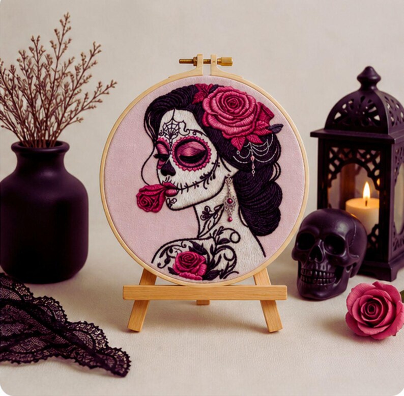 Sugar skull embroidery kit contents and materials