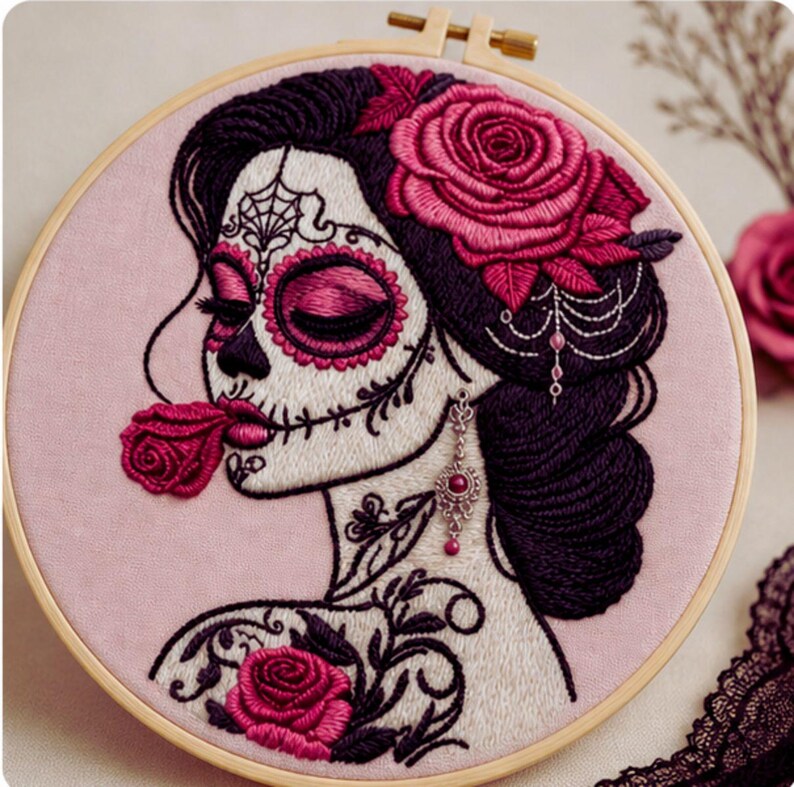 Close up of sugar skull rose embroidery stitching detail