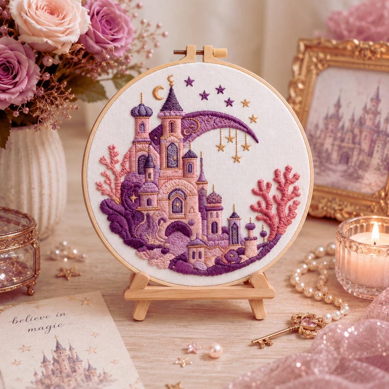 Fantasy castle embroidery kit finished piece framed