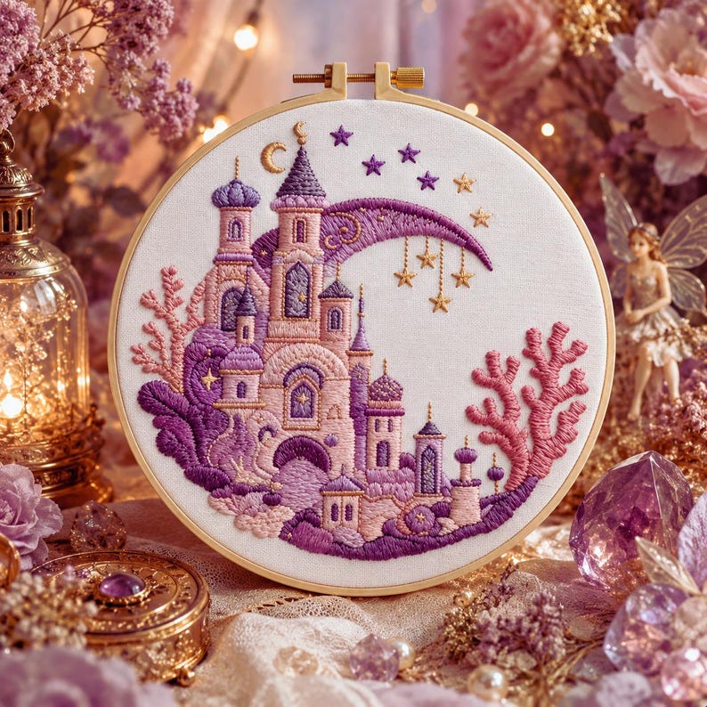 Fantasy castle embroidery kit styled in nursery decor