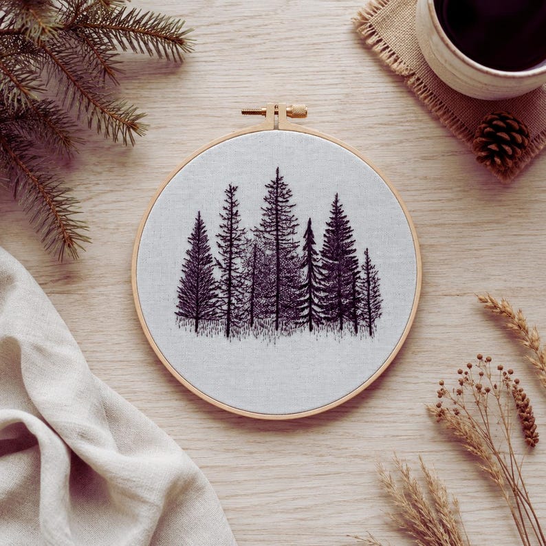 Forest embroidery kit supplies laid out