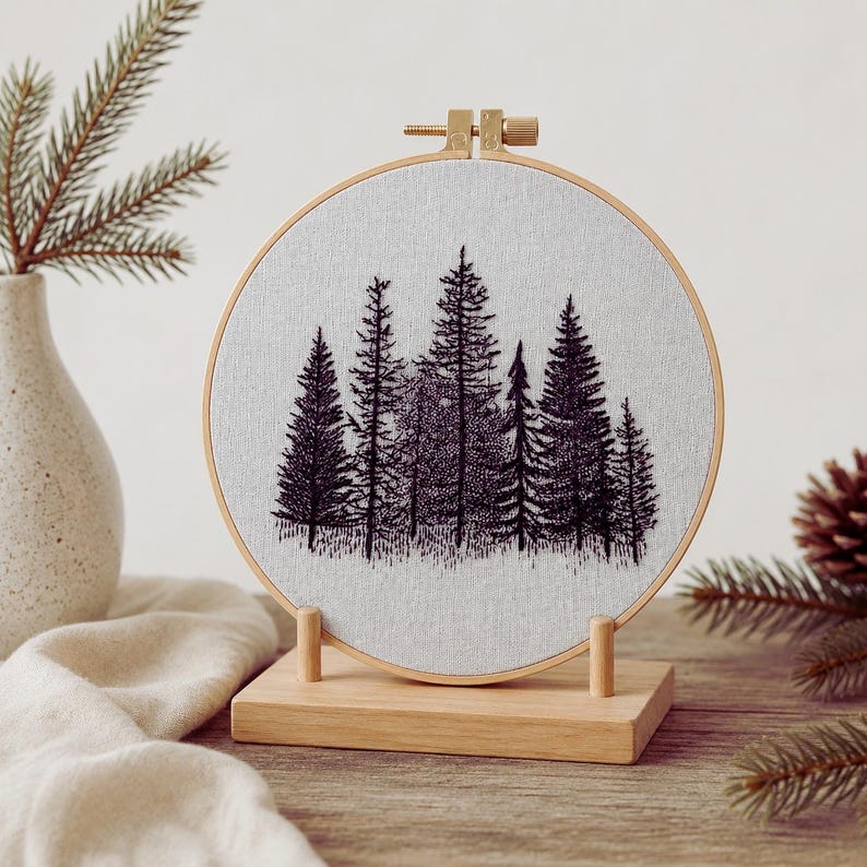 Finished forest embroidery displayed on wall