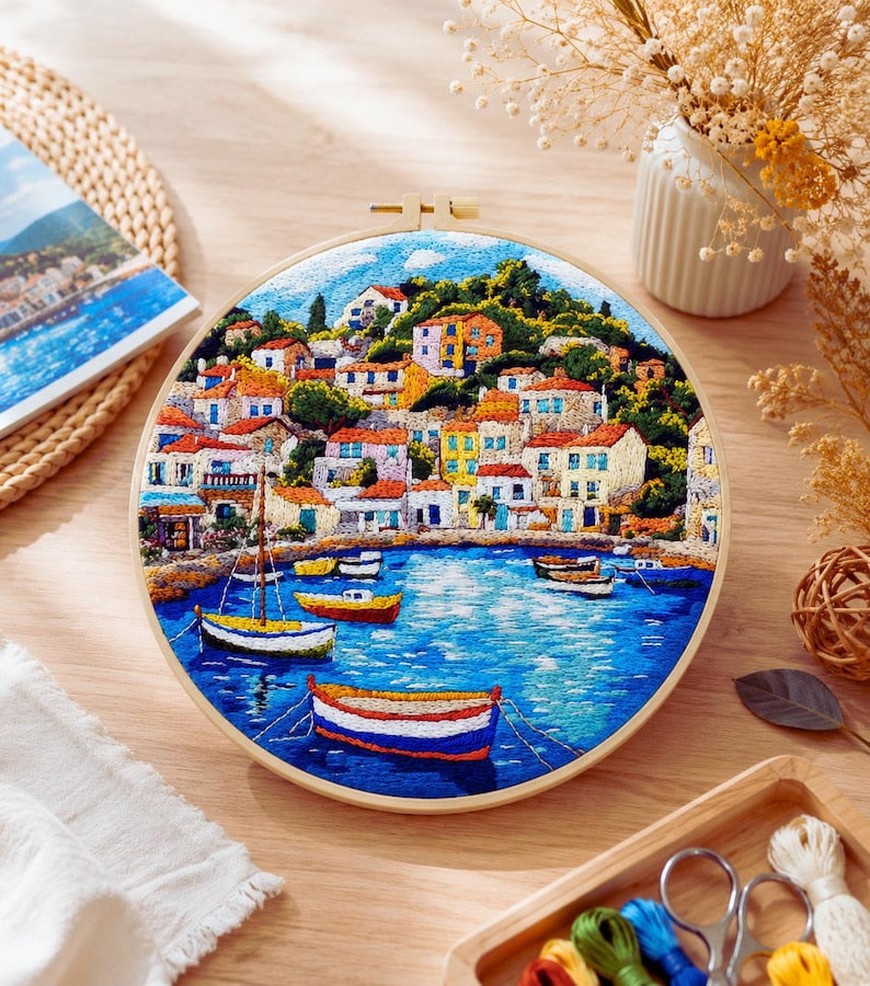 Coastal harbor embroidery hoop art