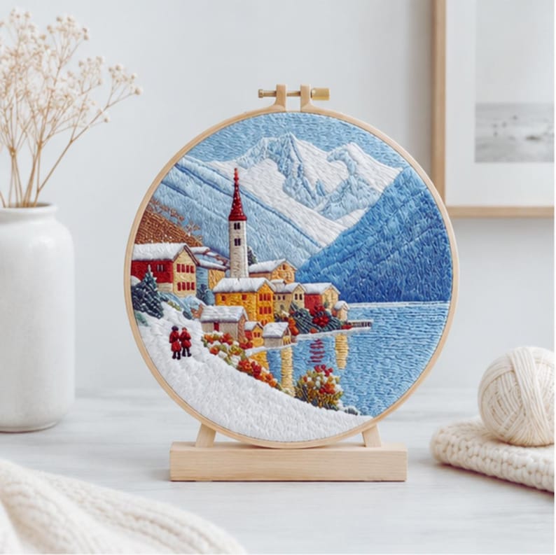 Snowy mountain village embroidery kit finished design