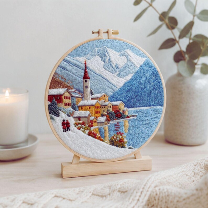 Winter village embroidery pattern close-up