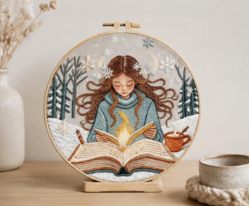 Winter girl embroidery kit finished hoop art