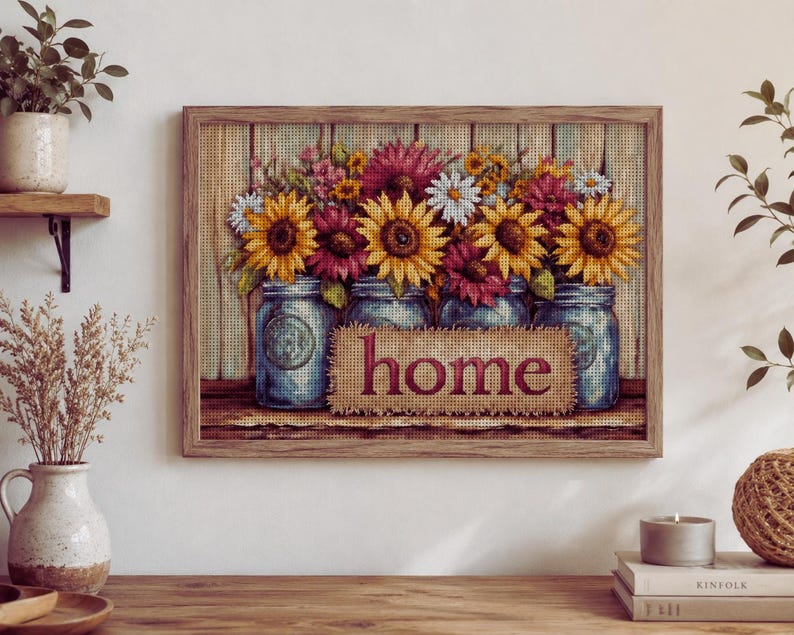 Sunflower Cross Stitch Kit, Floral Embroidery Kit, DIY Needlepoint Kit for Adults, Rustic Farmhouse 