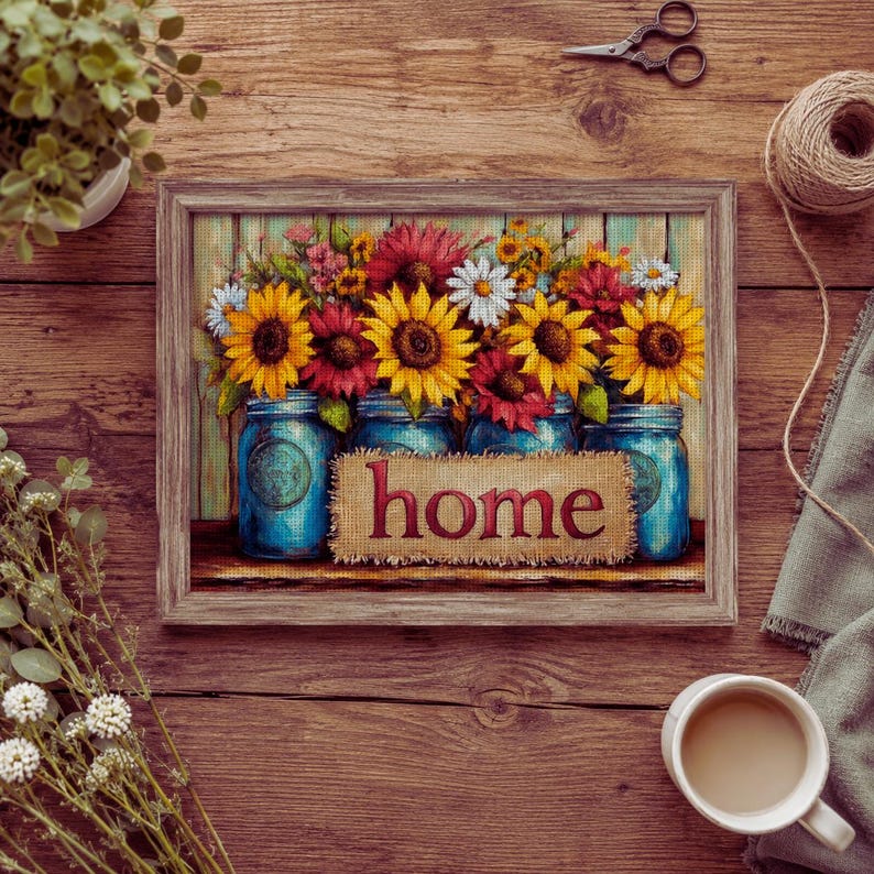 Sunflower Cross Stitch Kit, Floral Embroidery Kit, DIY Needlepoint Kit for Adults, Rustic Farmhouse 