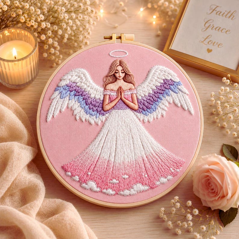 Guardian Angel embroidery kit contents and materials