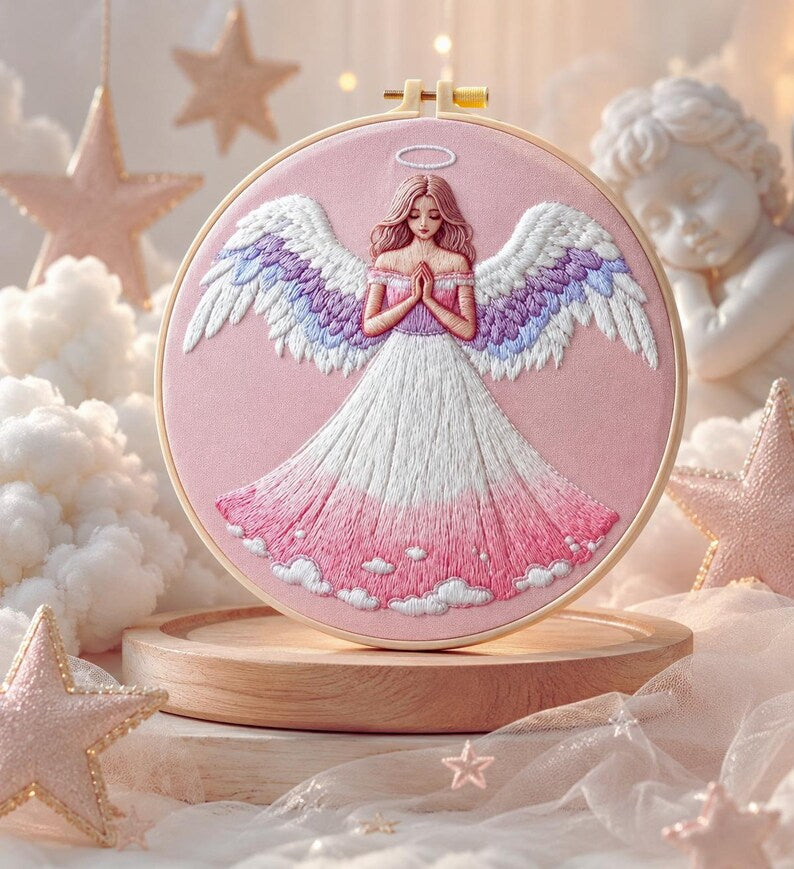 Guardian Angel embroidery kit close up stitching