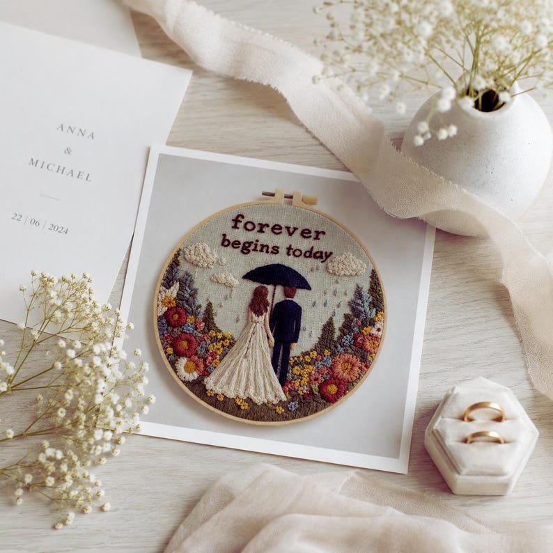 Romantic floral wedding embroidery design close up