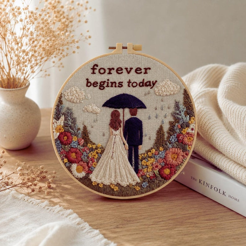 Wedding embroidery kit finished hoop art on wall