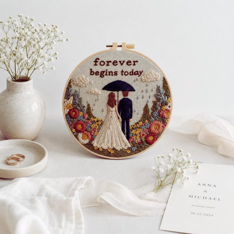 Wedding embroidery kit hoop art with bride and groom