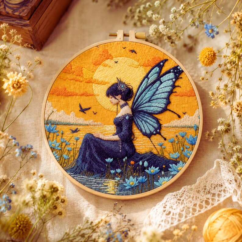 Butterfly Fairy embroidery kit close up stitching