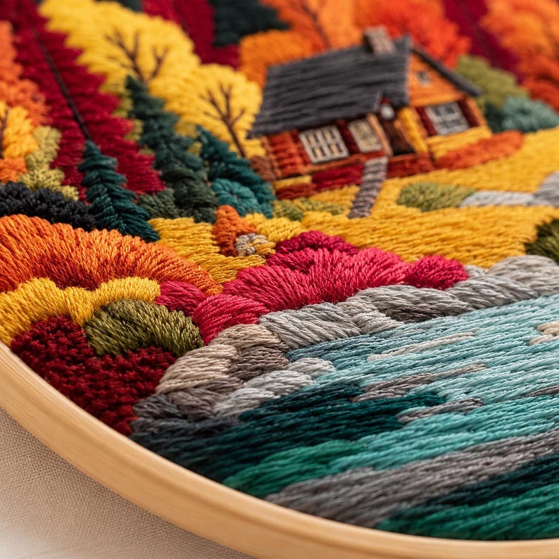 Autumn lakeside cabin embroidery kit styled display
