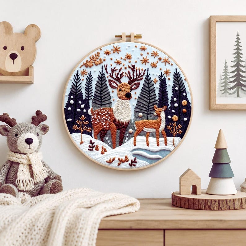 Woodland deer embroidery hoop close-up