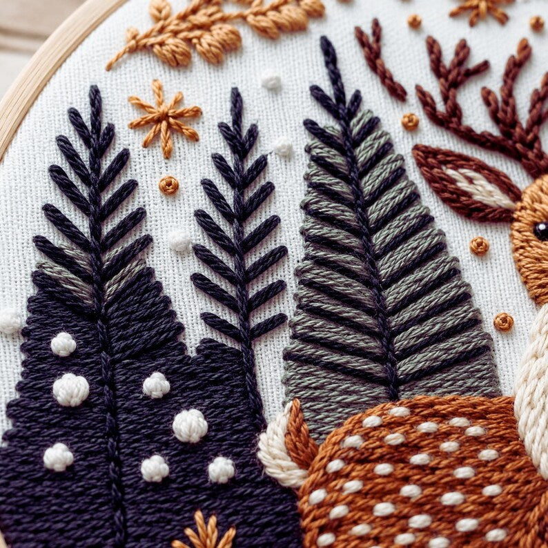 Woodland deer embroidery pattern detail