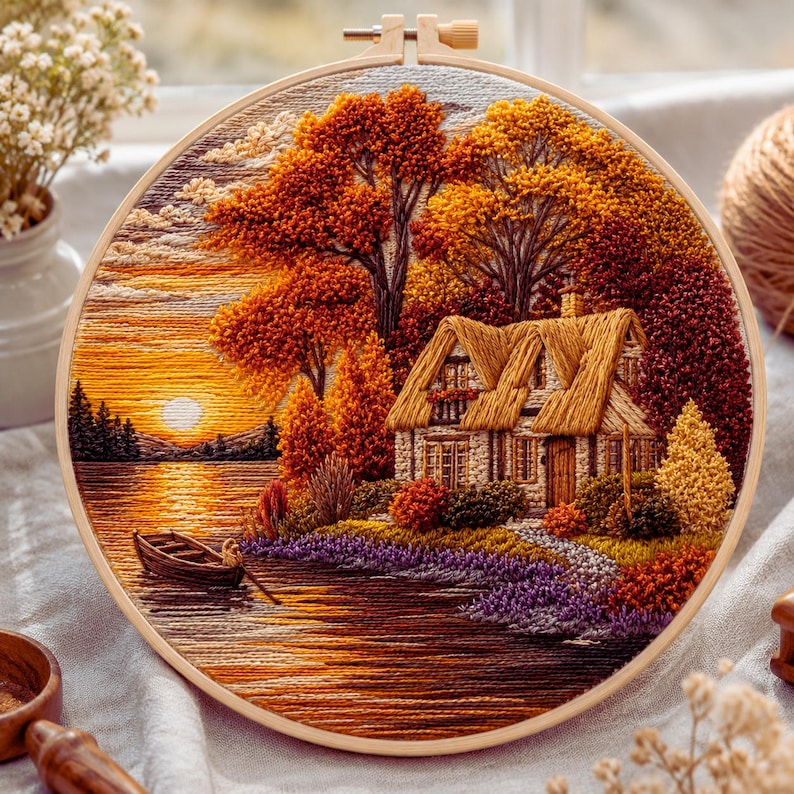 Sunset lakeside cottage embroidery kit finished hoop art