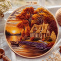 Sunset lakeside cottage embroidery kit finished hoop art