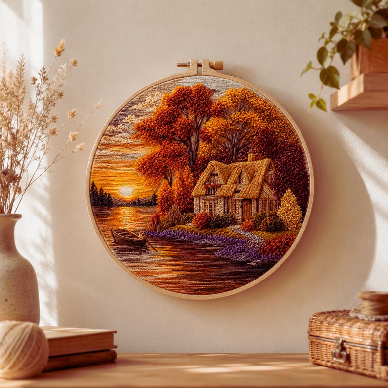 Sunset lakeside cottage embroidery kit hoop display
