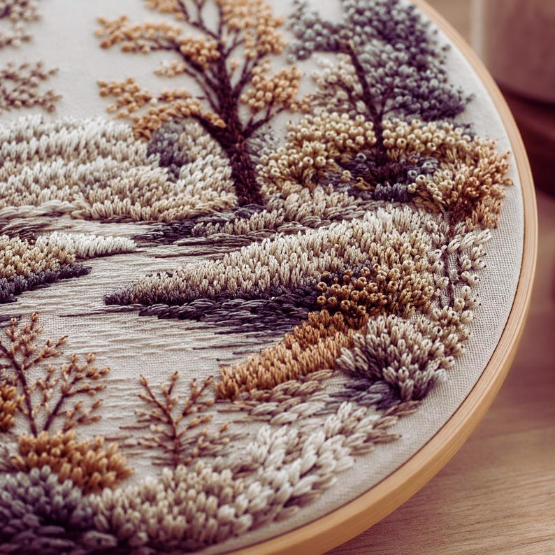 Winter landscape embroidery pattern close-up
