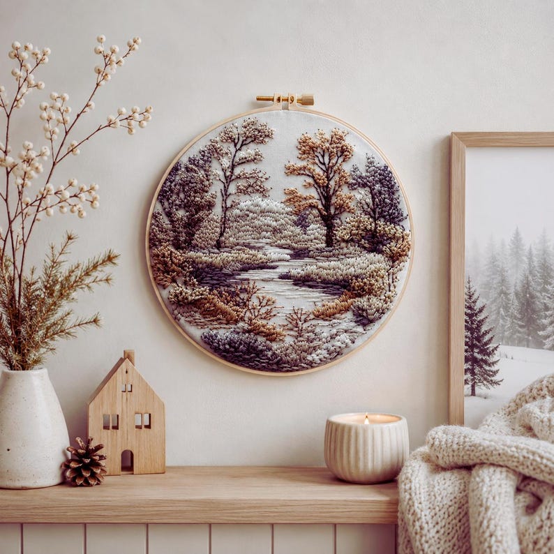 Snowy winter forest embroidery kit finished design