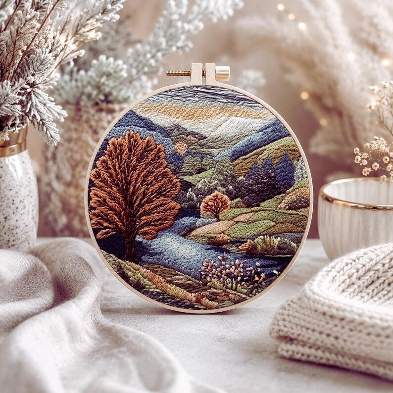 River landscape embroidery kit stitching detail