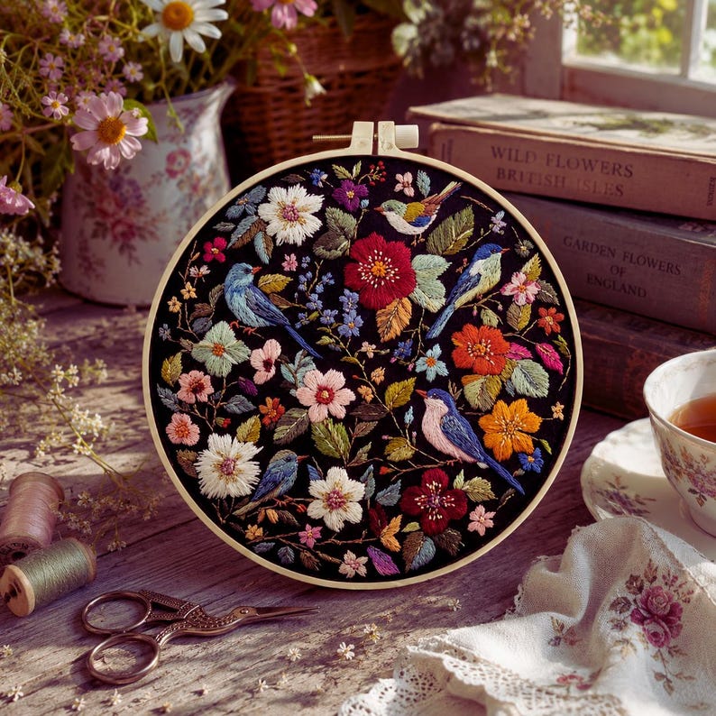 Folk art bird embroidery kit contents