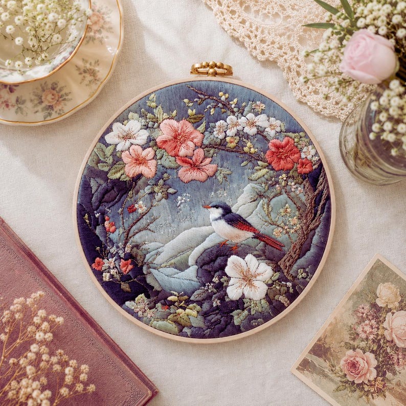 Bird flower embroidery kit contents