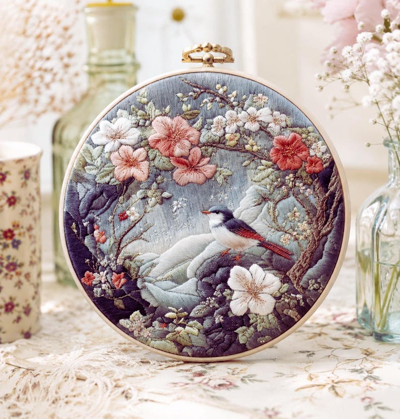 Bird embroidery kit fabric and threads