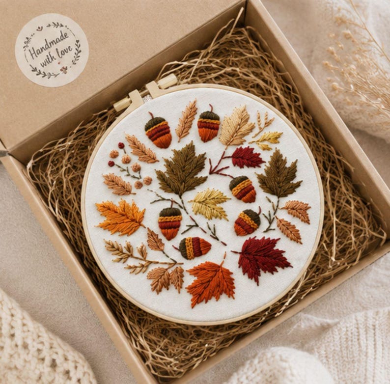 Autumn fall leaves embroidery kit close up