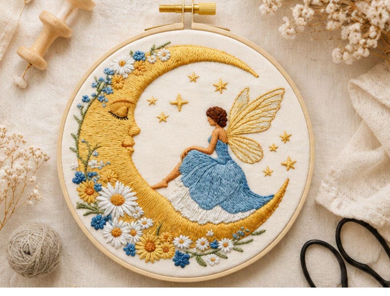 Moon Fairy embroidery kit contents and materials