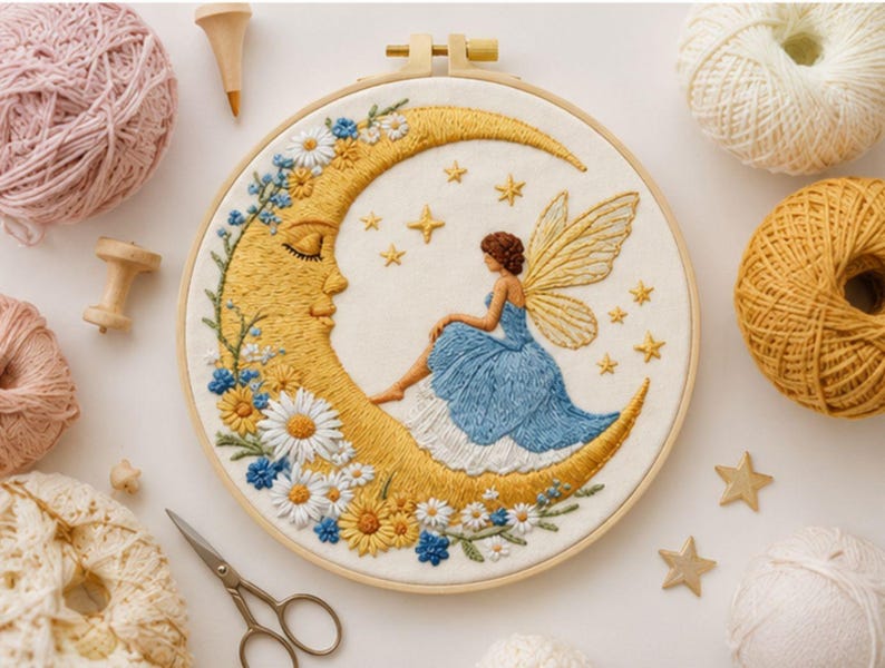 Moon Fairy embroidery kit finished hoop art with fairy on crescent moon