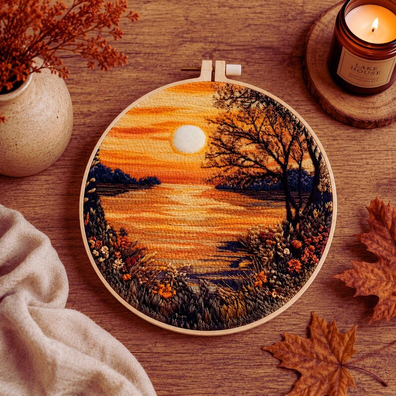 Sunset lake embroidery fabric pattern