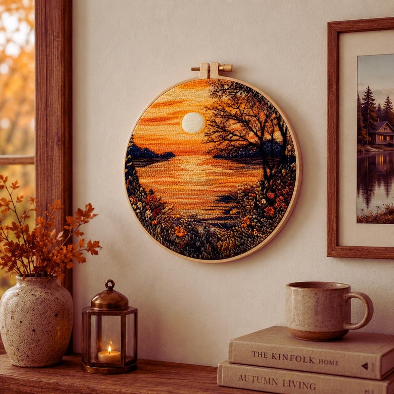 Sunset lake embroidery kit close-up