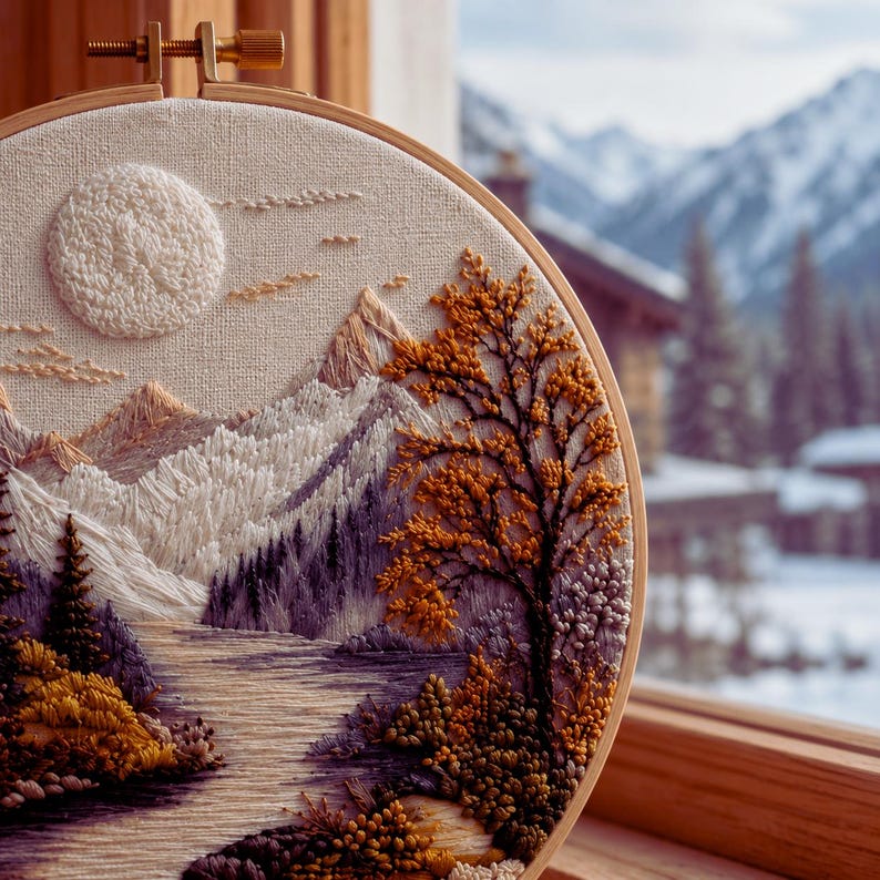 Mountain landscape embroidery kit contents and hoop