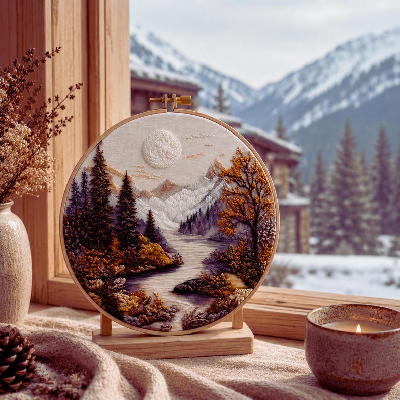 Mountain forest river landscape embroidery kit finished piece