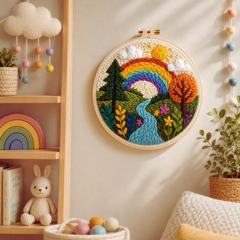 Rainbow Punch Needle Kit for Beginners, Colorful Landscape Fiber Art Kit, DIY Nature Craft Set, Whim