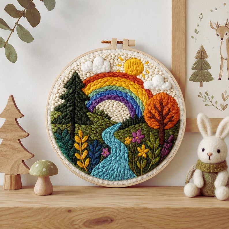 Rainbow Punch Needle Kit for Beginners, Colorful Landscape Fiber Art Kit, DIY Nature Craft Set, Whim