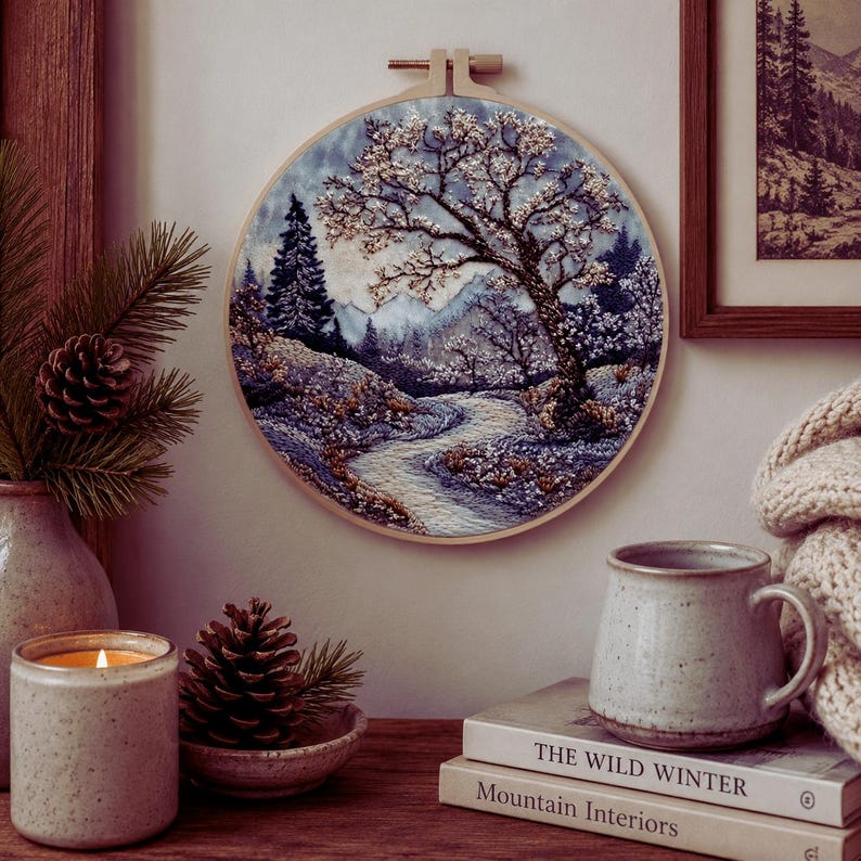 Winter forest embroidery hoop art detail