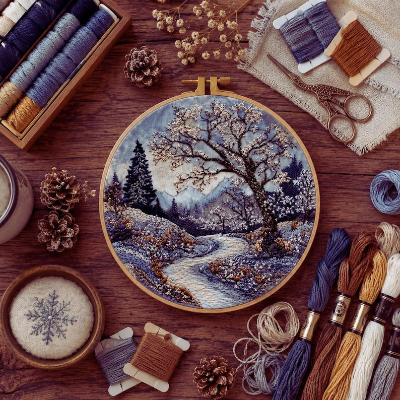Winter forest embroidery kit close-up